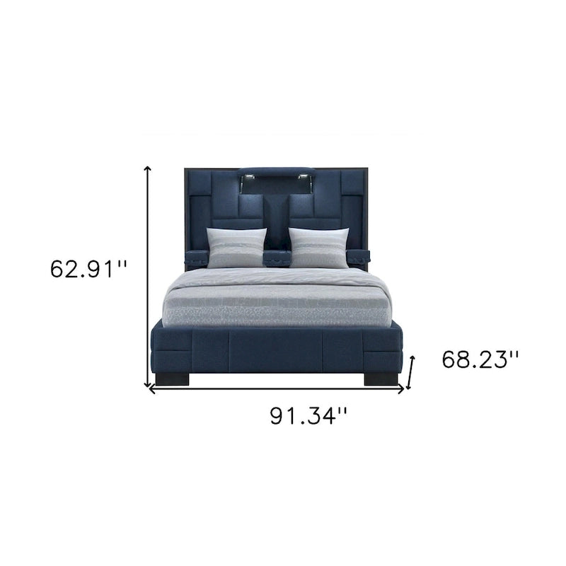HomeRoots Navy Blue And Upholstered Lighted Queen Bed Frame with USB