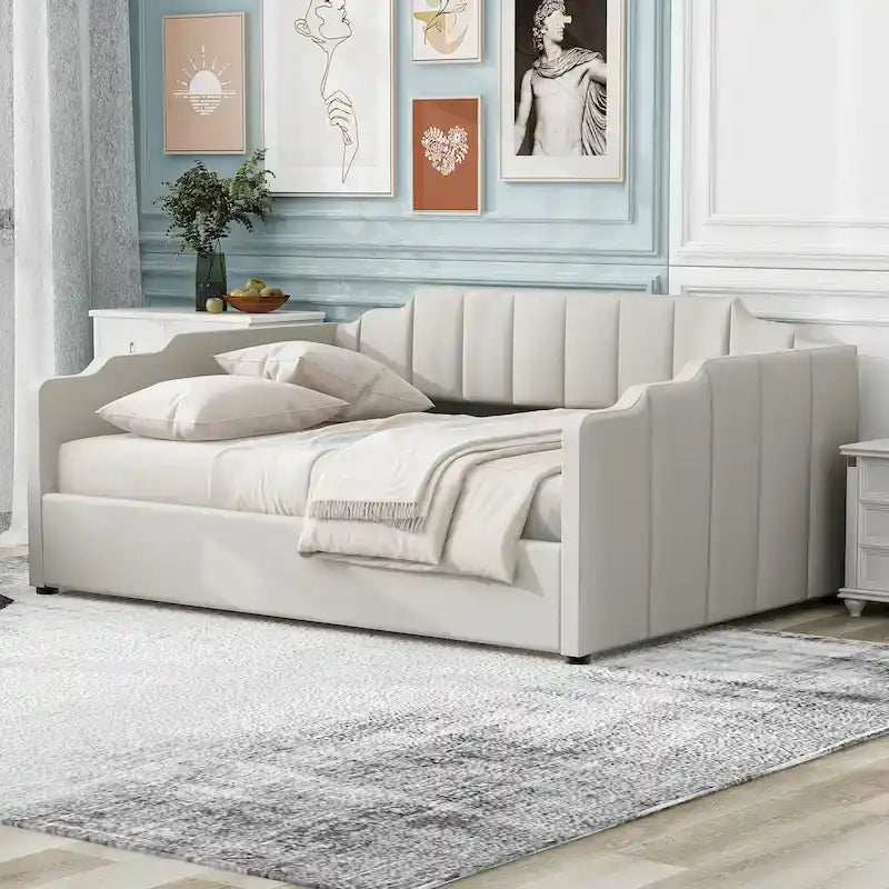Upholstered Daybed with Underneath Storage,Full Size, Beige