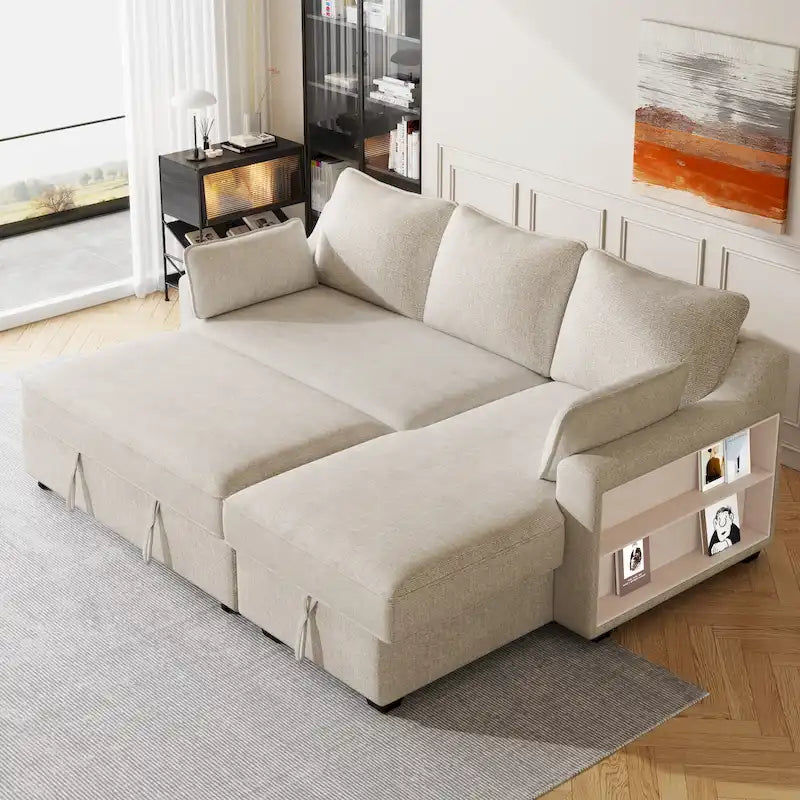 L-Shaped Reversible Sleeper Sectional Couch Pull Out Sofa Bed with Storage Racks, 2 Pillows and USB Port for Living Room