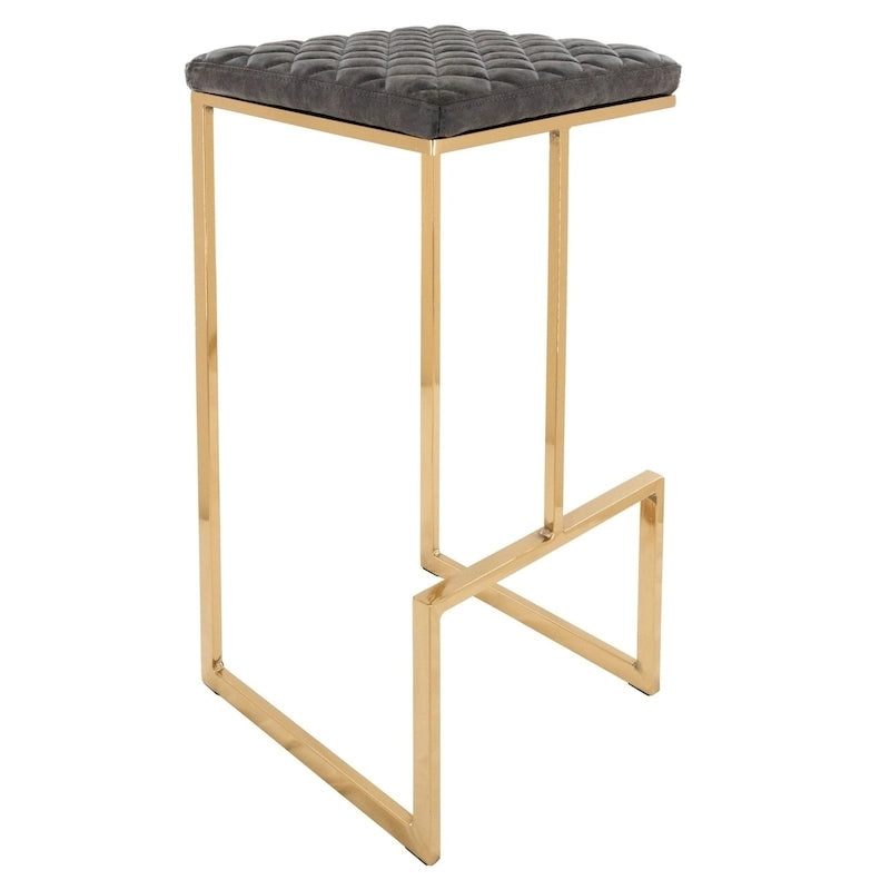 Quincy Modern Leather Barstool with Upholstered Square Seats in Gold Metal & Footrest for Home Bar & Kitchen Counter