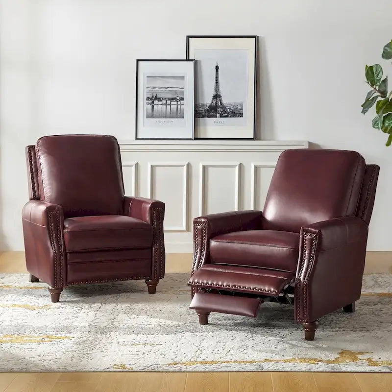 Cigar Mid-century Modern Genuine Leather Recliner with Nailhead Trim Set of 2 by HULALA HOME