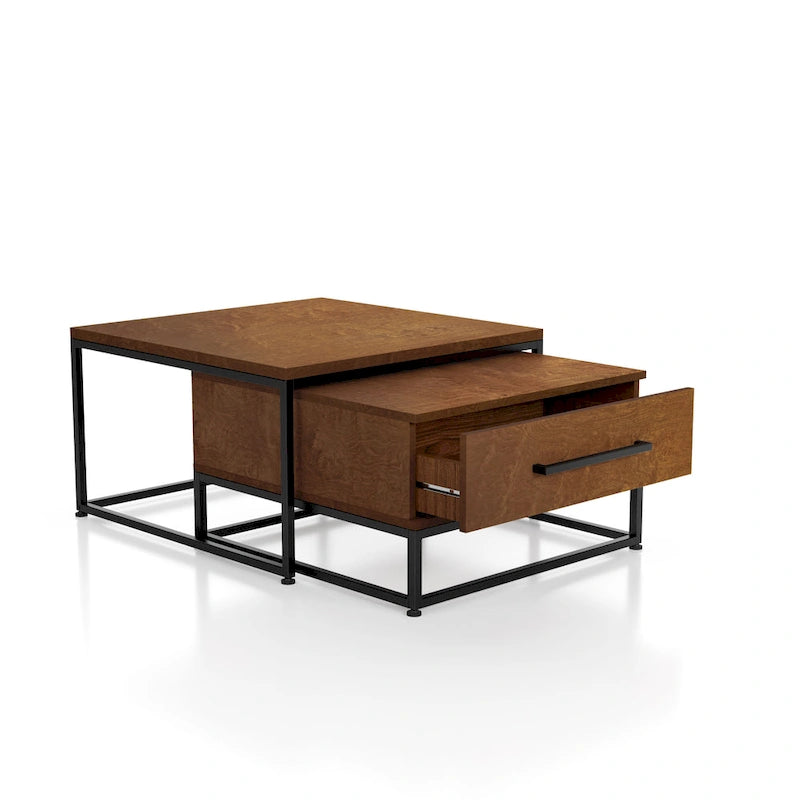 Saxon Rustic Brown Square 2-Piece Solid Wood Coffee Nesting Tables with 1-Drawer by Furniture of America