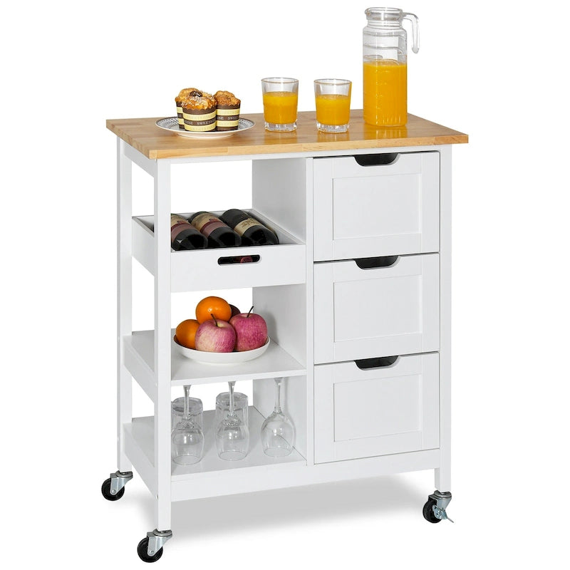 Rolling Kitchen Bar Trolley Serving Cart on Wheels with Wood Top