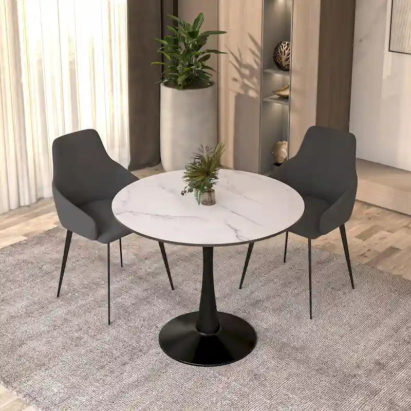 Bristol 32 Mid Century Modern Round Dining Table, MDF Wood Top & Glossy Iron Pedestal Base for Kitchen & Dining Room