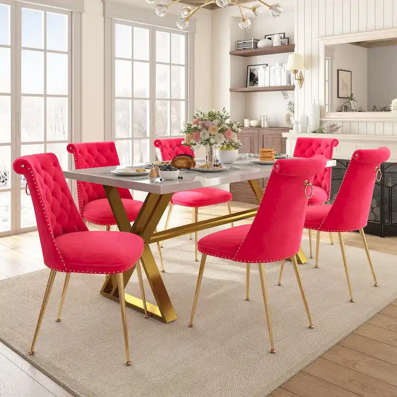 7-Piece Clihome Marble Dining Table with Velvet Chair Dining Chair