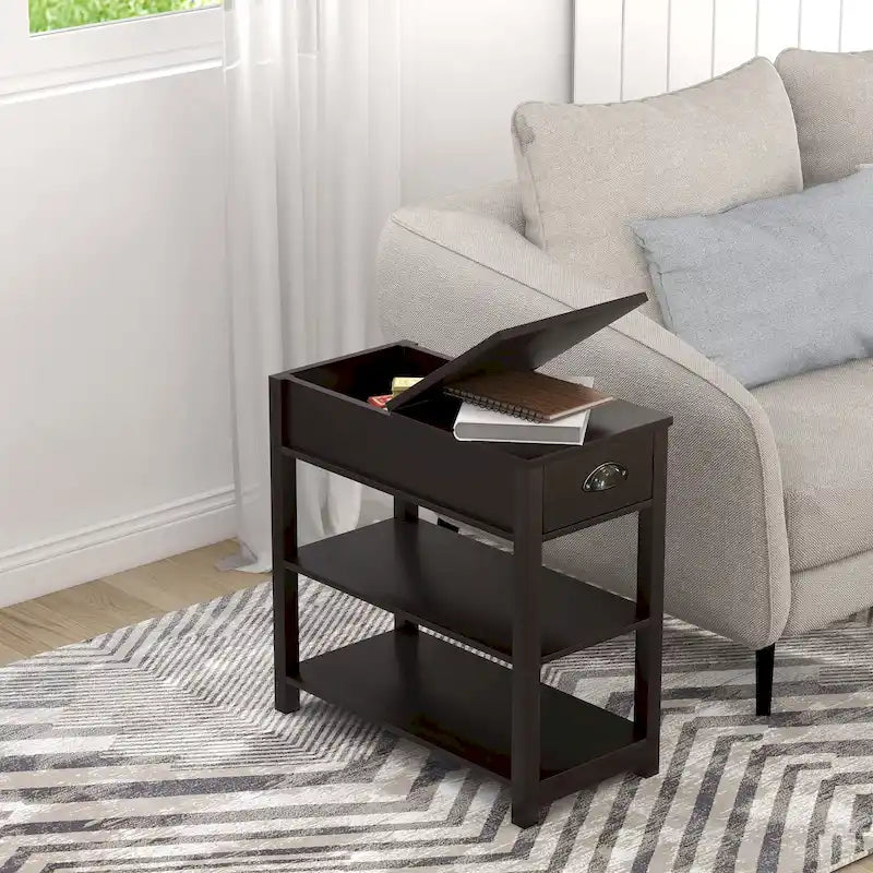Narrow Flip Top Side Table with Drawer End Table with 2-Tiers Open Storage Shelves Sofa Table for Living Room,Bedroom