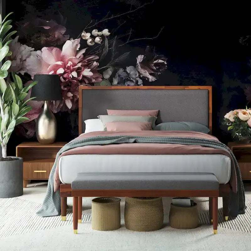 Priage by ZINUS Brown Wood Platform Bed Frame with Adjustable Upholstered Headboard