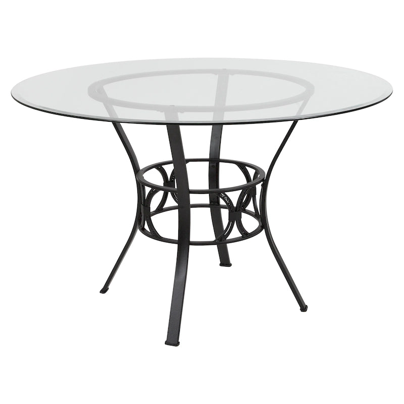 48 Round Glass Dining Table with Crescent Style Metal Frame - 48W x 48D x 29.5H - 48W x 48D x 29.5H