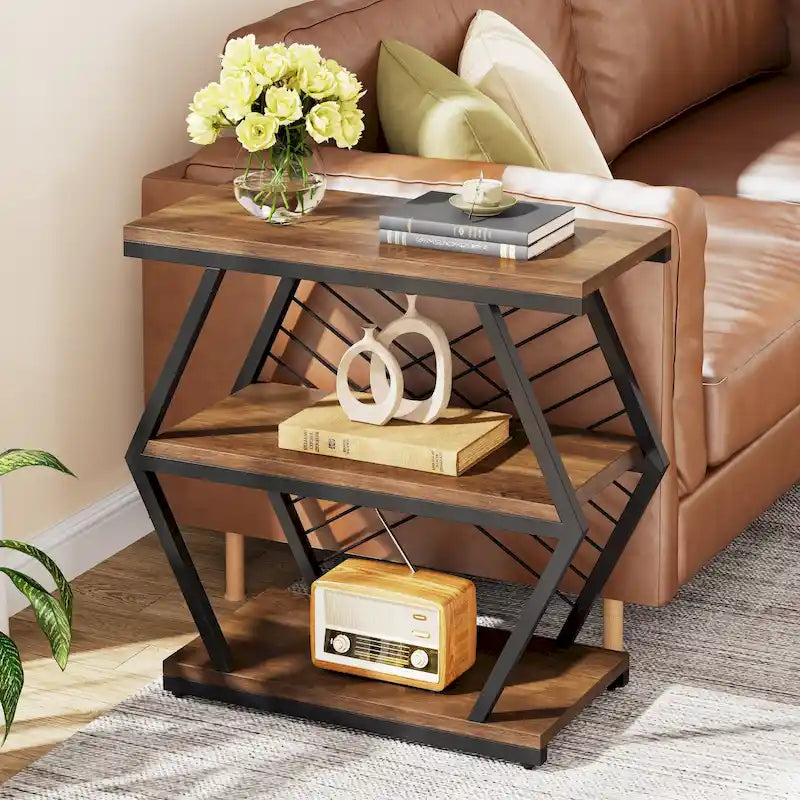 3-tier Rectangular End Side Table with Metal Frame for Living Room, Nightstand Bedside Table for Bedroom