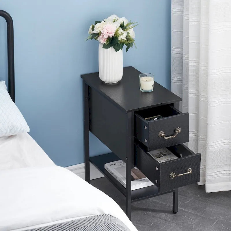 Industrial 2-Drawer Nightstand Narrow End Side Table (Set of 2)