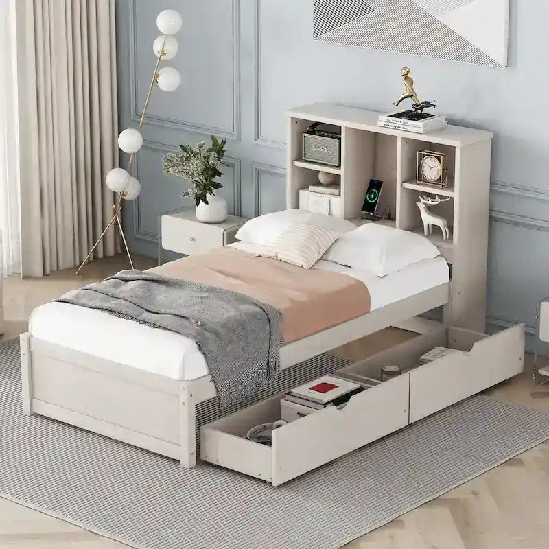 Modern Twin Size Bed Frame With Built-in USB Port on Bookcase Headboard and 2 Drawers for