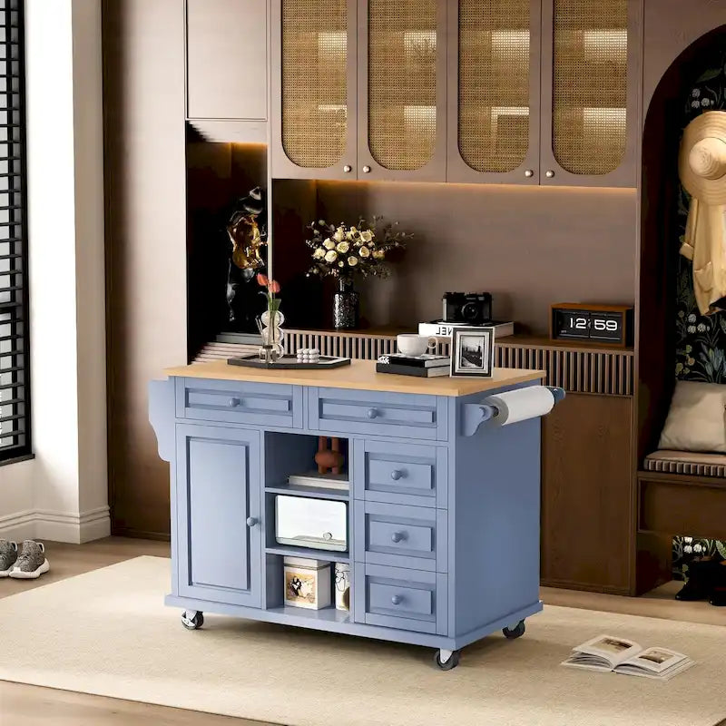 Roomfitters Kitchen Cart with Rubber wood Desktop - Rolling Mobile Kitchen Island with Storage and 5 Drawers, 53 Inch Length