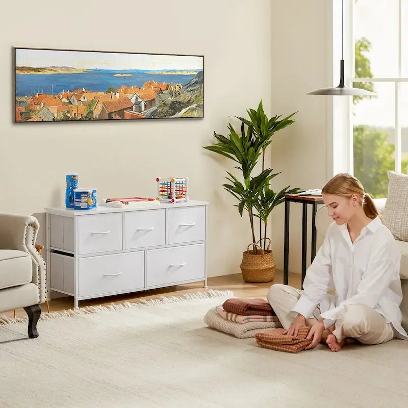 Dresser for Bedroom with 5 Fabric Drawers, Tall Chest Organizer Units for Clothing, Closet, Kidsroom, Storage Tower with Cabinet