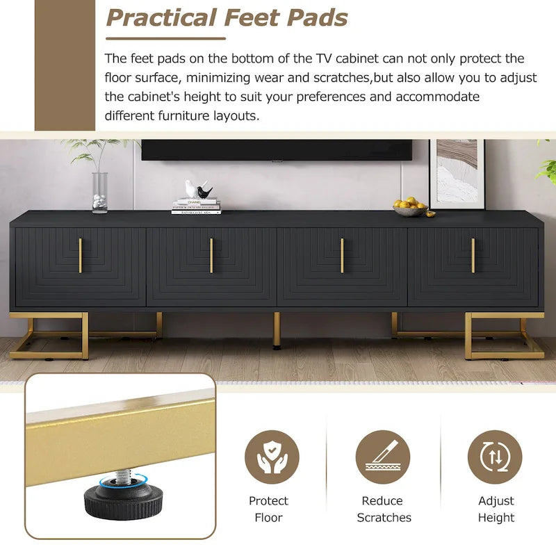 Black+Gold 70.8 TV Stand with Gold Handles & Cabinets for 80 TVs