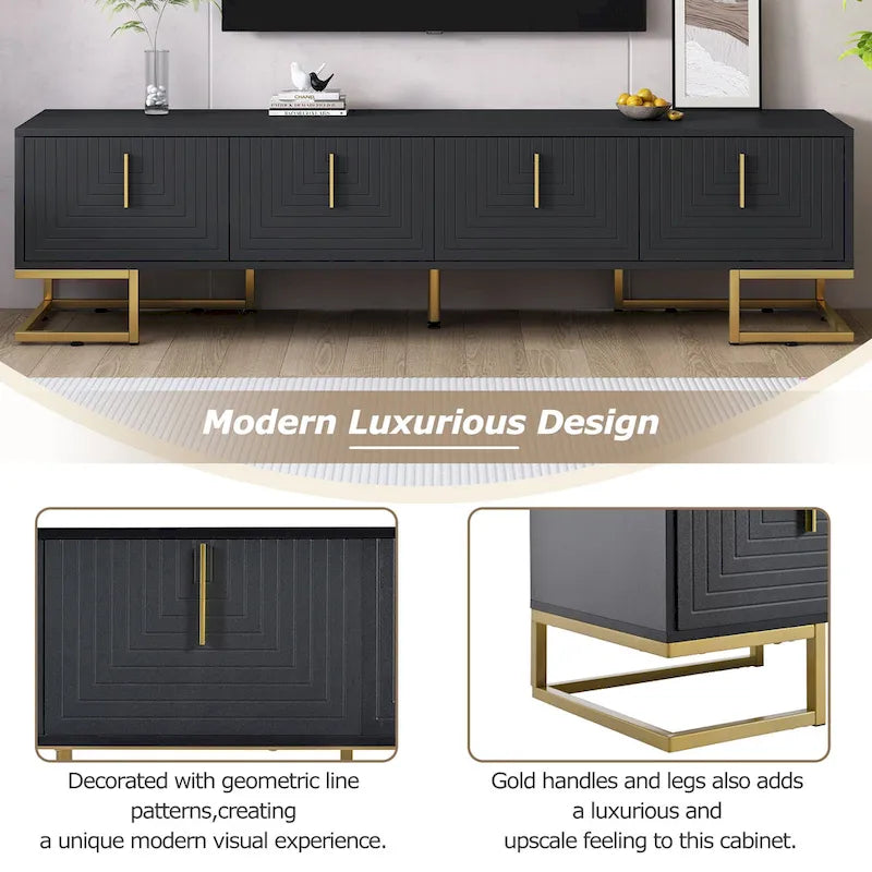Black+Gold 70.8 TV Stand with Gold Handles & Cabinets for 80 TVs
