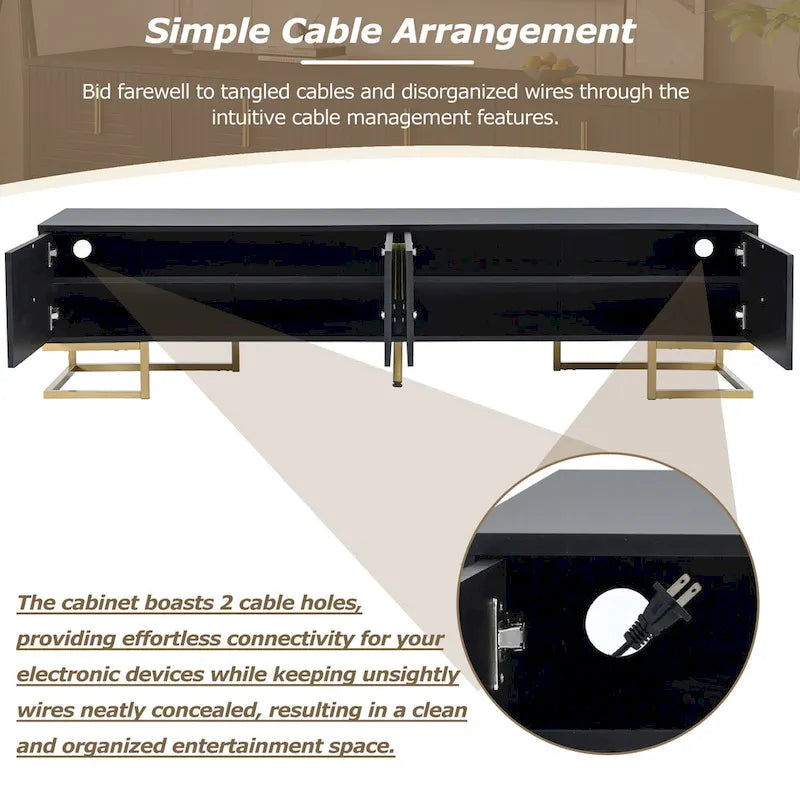 Black+Gold 70.8 TV Stand with Gold Handles & Cabinets for 80 TVs