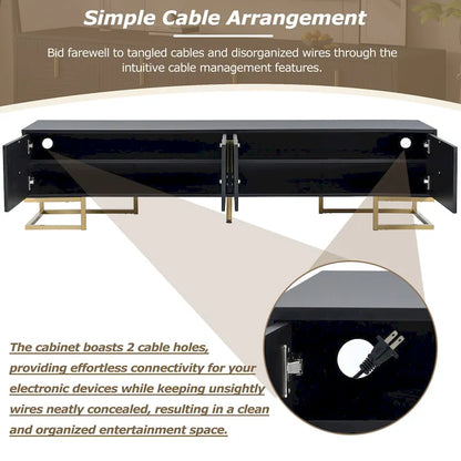 Black+Gold 70.8 TV Stand with Gold Handles & Cabinets for 80 TVs