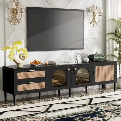 Rattan TV Stand with 3 Cabinets & 2 Drawers, Media Console Table for TVs up to 80, LED Light TV Stand for Living Room