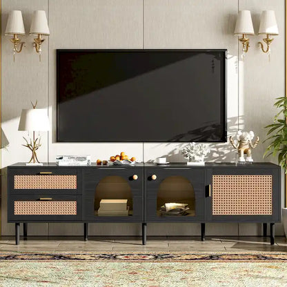 Rattan TV Stand with 3 Cabinets & 2 Drawers, Media Console Table for TVs up to 80, LED Light TV Stand for Living Room