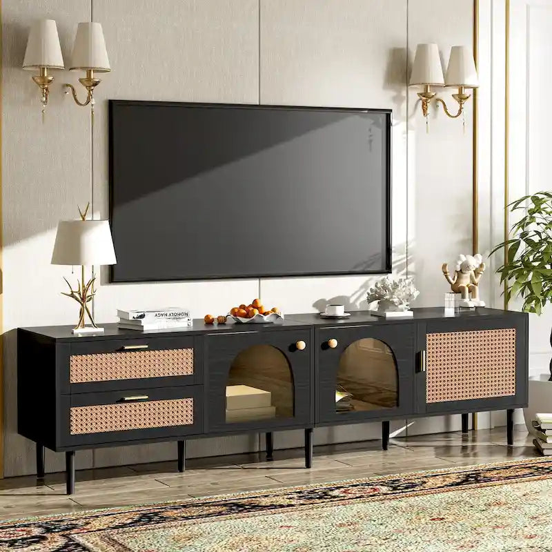 Rattan TV Stand with 3 Cabinets & 2 Drawers, Media Console Table for TVs up to 80, LED Light TV Stand for Living Room