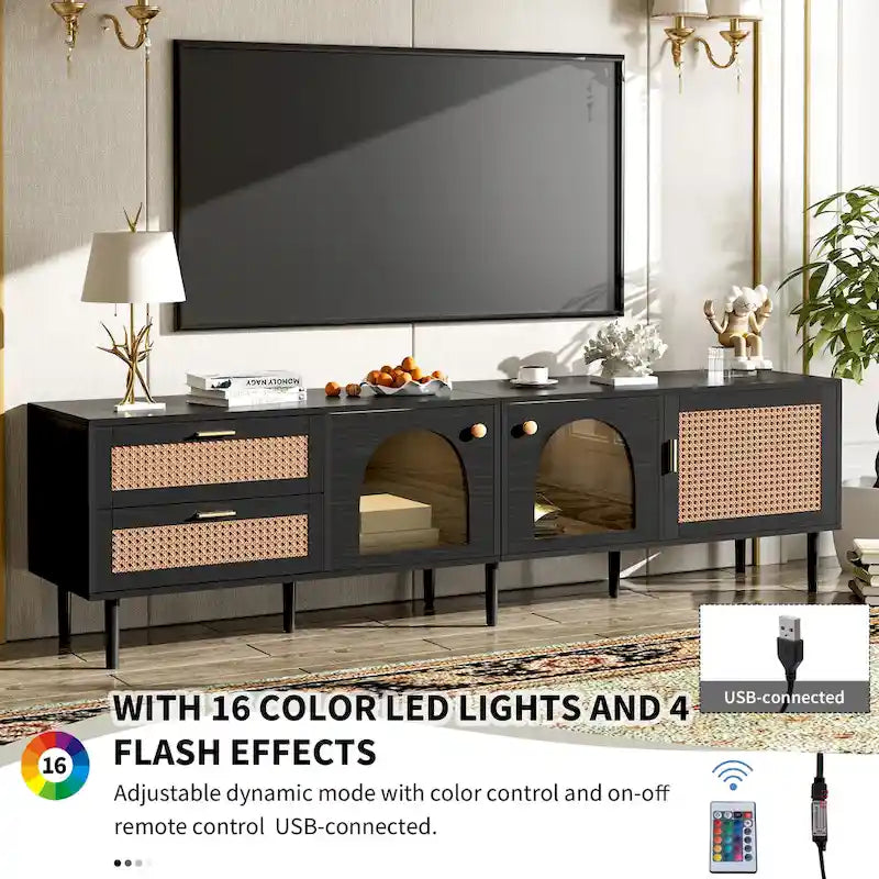 Rattan TV Stand with 3 Cabinets & 2 Drawers, Media Console Table for TVs up to 80, LED Light TV Stand for Living Room