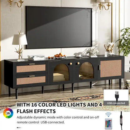 Rattan TV Stand with 3 Cabinets & 2 Drawers, Media Console Table for TVs up to 80, LED Light TV Stand for Living Room