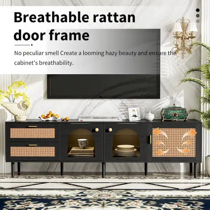 Rattan TV Stand with 3 Cabinets & 2 Drawers, Media Console Table for TVs up to 80, LED Light TV Stand for Living Room