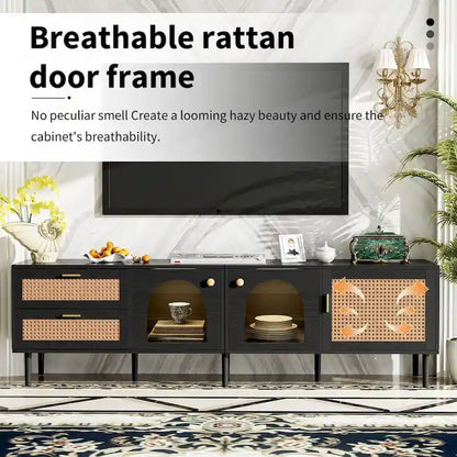Rattan TV Stand with 3 Cabinets & 2 Drawers, Media Console Table for TVs up to 80, LED Light TV Stand for Living Room