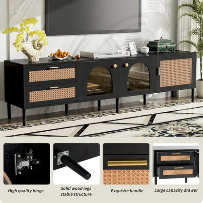 Rattan TV Stand with 3 Cabinets & 2 Drawers, Media Console Table for TVs up to 80, LED Light TV Stand for Living Room