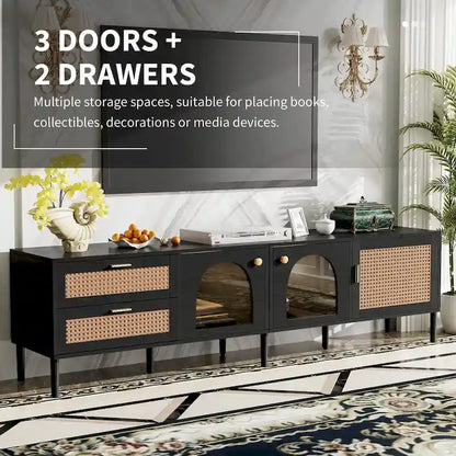 Rattan TV Stand with 3 Cabinets & 2 Drawers, Media Console Table for TVs up to 80, LED Light TV Stand for Living Room