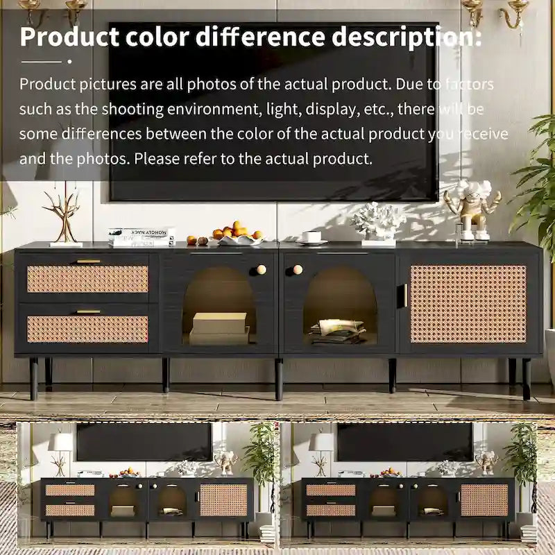 Rattan TV Stand with 3 Cabinets & 2 Drawers, Media Console Table for TVs up to 80, LED Light TV Stand for Living Room