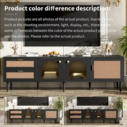 Rattan TV Stand with 3 Cabinets & 2 Drawers, Media Console Table for TVs up to 80, LED Light TV Stand for Living Room
