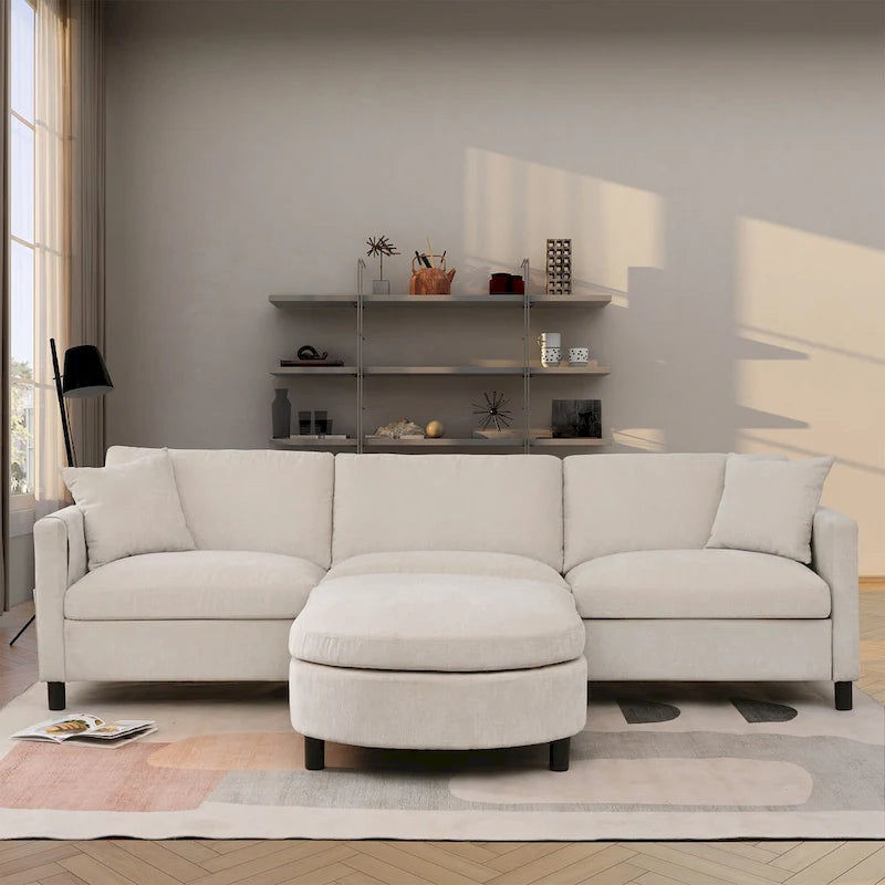Beige 107.87 4-Seater Sofa with Movable Ottoman & Storage