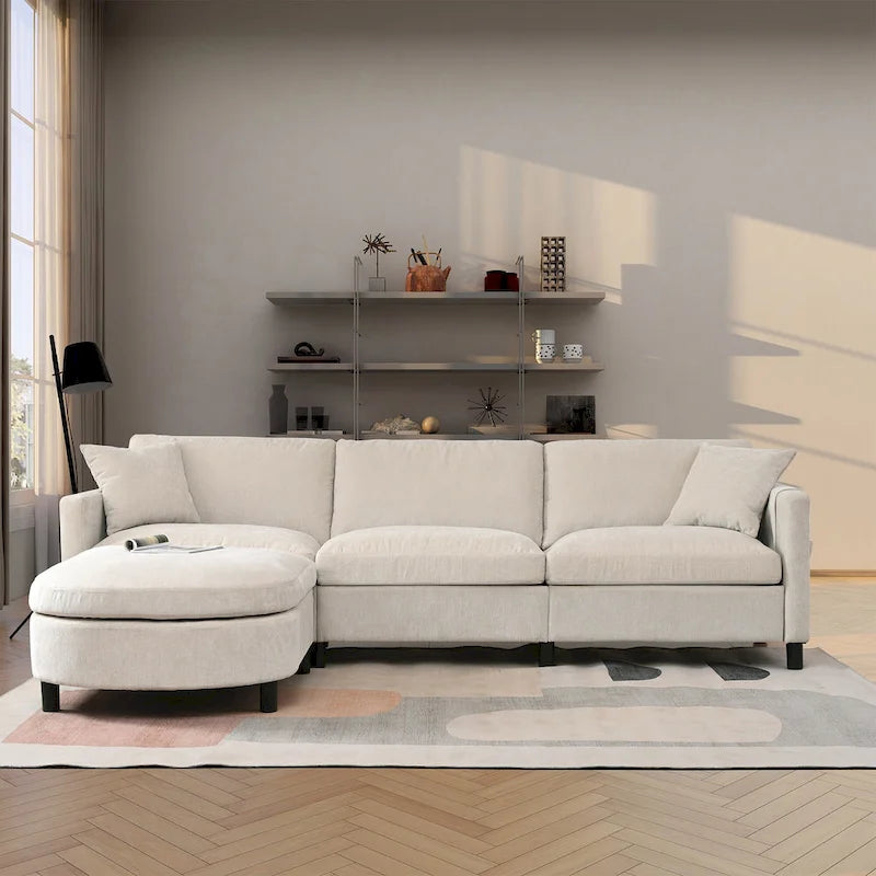Beige 107.87 4-Seater Sofa with Movable Ottoman & Storage