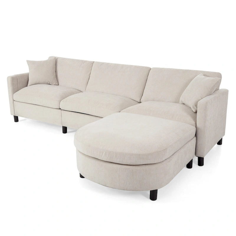Beige 107.87 4-Seater Sofa with Movable Ottoman & Storage