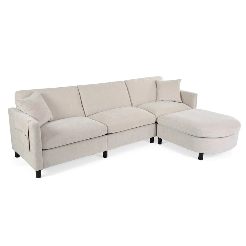 Beige 107.87 4-Seater Sofa with Movable Ottoman & Storage