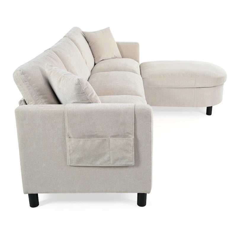 Beige 107.87 4-Seater Sofa with Movable Ottoman & Storage