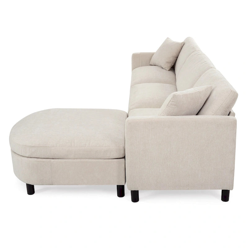 Beige 107.87 4-Seater Sofa with Movable Ottoman & Storage
