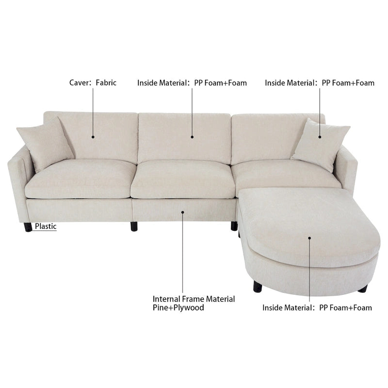 Beige 107.87 4-Seater Sofa with Movable Ottoman & Storage