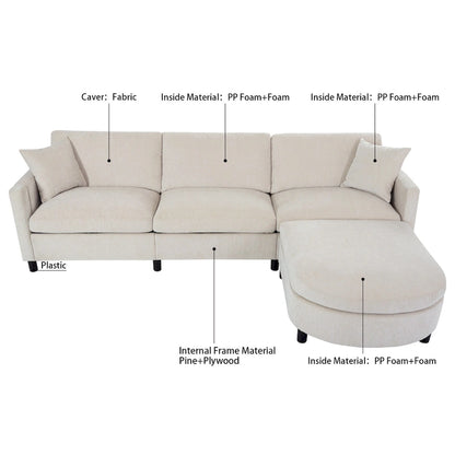 Beige 107.87 4-Seater Sofa with Movable Ottoman & Storage