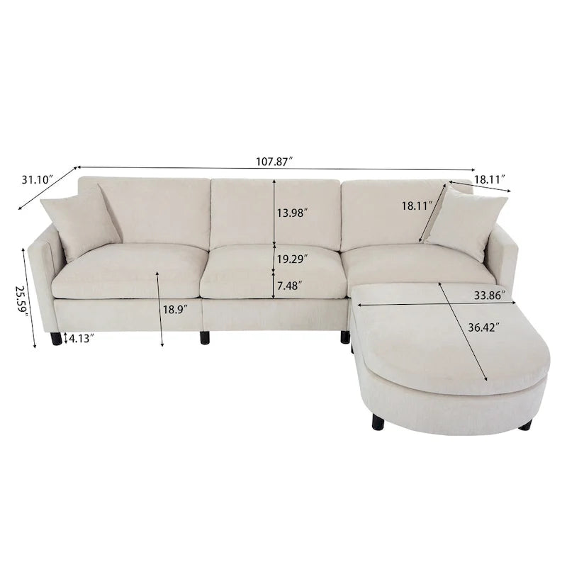 Beige 107.87 4-Seater Sofa with Movable Ottoman & Storage