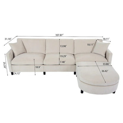 Beige 107.87 4-Seater Sofa with Movable Ottoman & Storage