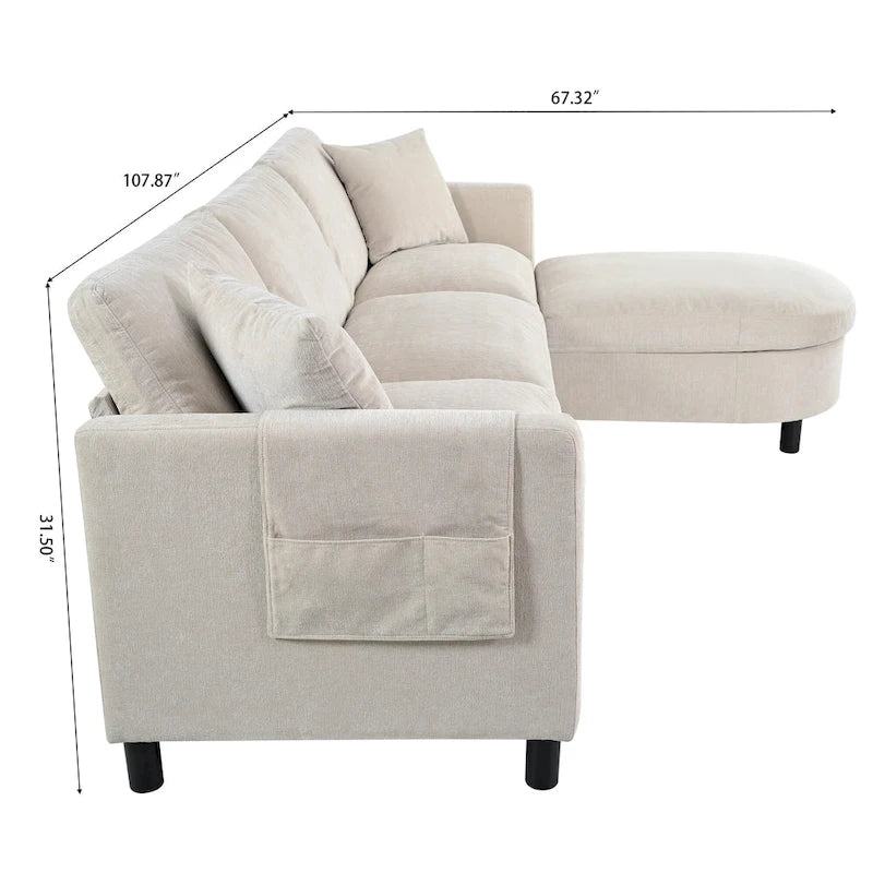 Beige 107.87 4-Seater Sofa with Movable Ottoman & Storage