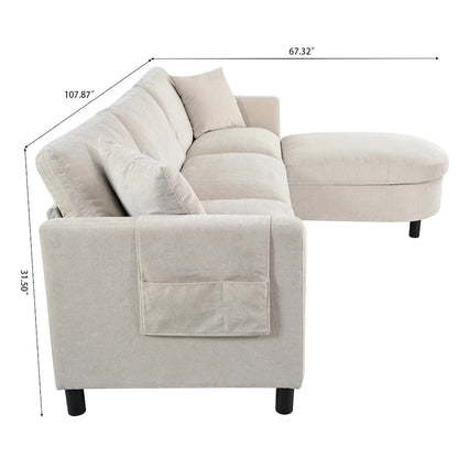 Beige 107.87 4-Seater Sofa with Movable Ottoman & Storage