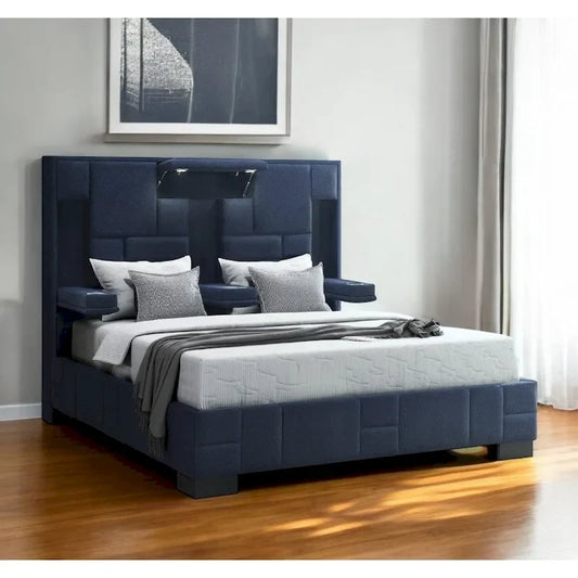 HomeRoots Navy Blue And Upholstered Lighted Queen Bed Frame with USB