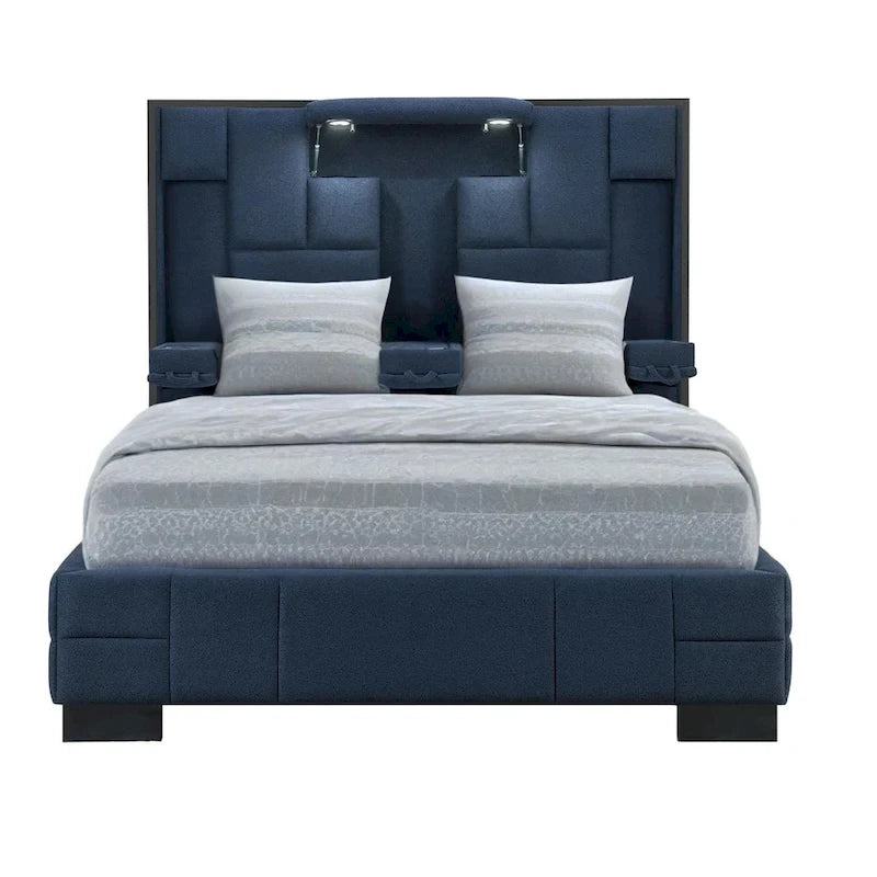 HomeRoots Navy Blue And Upholstered Lighted Queen Bed Frame with USB