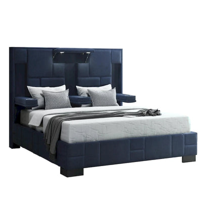 HomeRoots Navy Blue And Upholstered Lighted Queen Bed Frame with USB