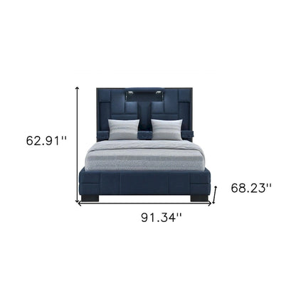 HomeRoots Navy Blue And Upholstered Lighted Queen Bed Frame with USB