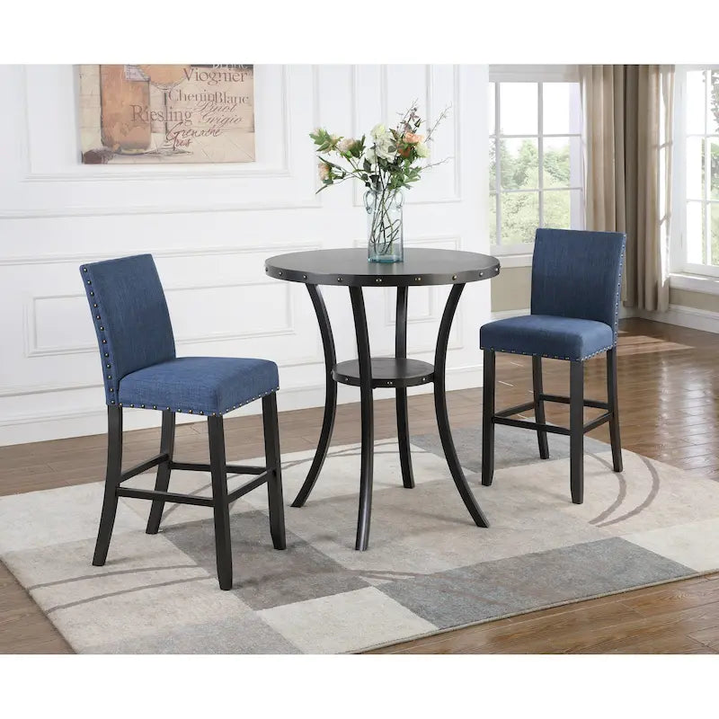 3-Piece Bar Height Dining Table and Chair Set Patio Dining Table and Chair Sets with Studded Trim and Storage for Living Room
