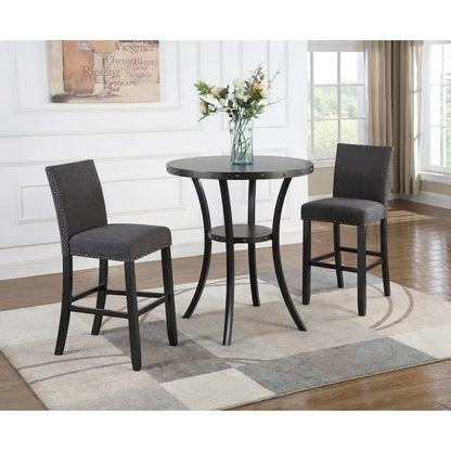 3-Piece Bar Height Dining Table and Chair Set Patio Dining Table and Chair Sets with Studded Trim and Storage for Living Room